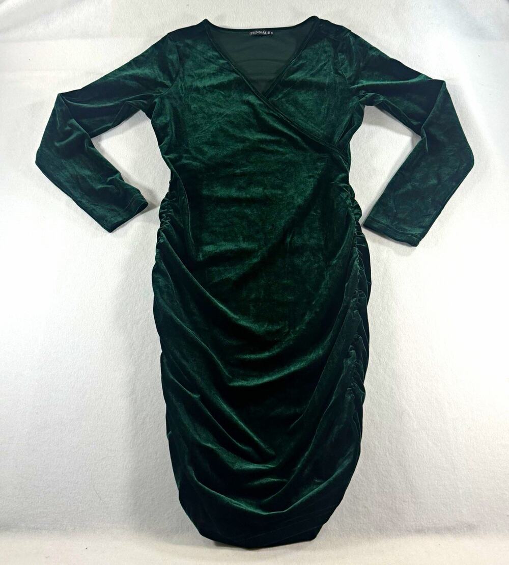 FENSACE Emerald Green Velvet Ruched Wrap Dress M